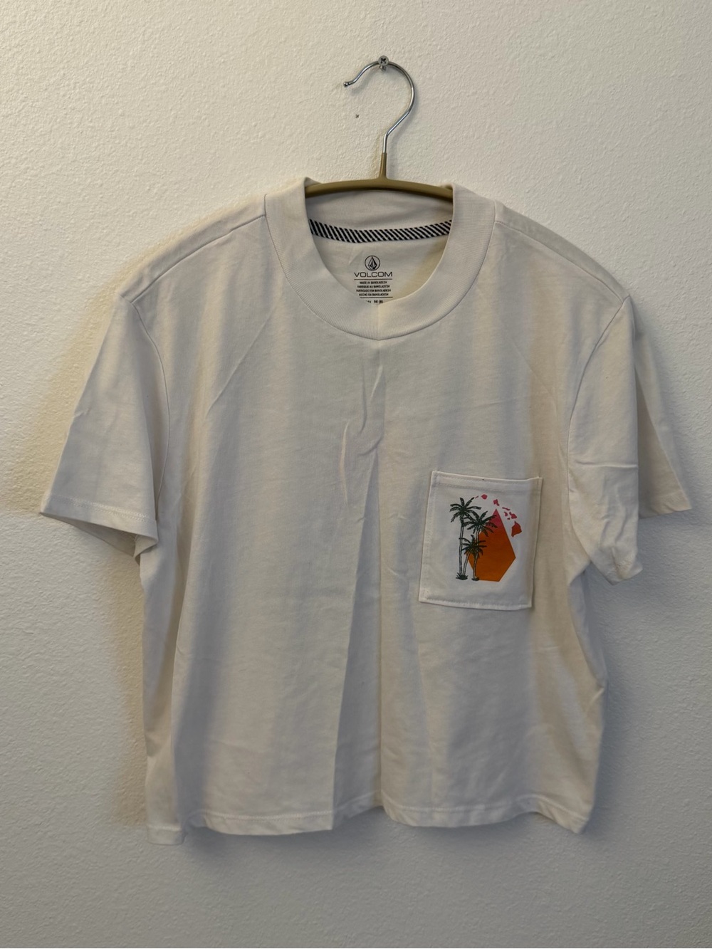 Volcom Hawaii White Pocket Tee with Orange and Green Tropical Motif